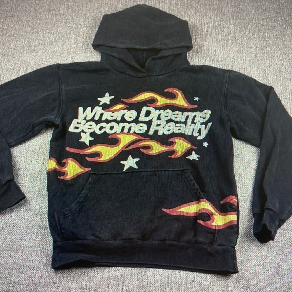 PacSun Black Hoodie with Yellow & Red Flame Design
